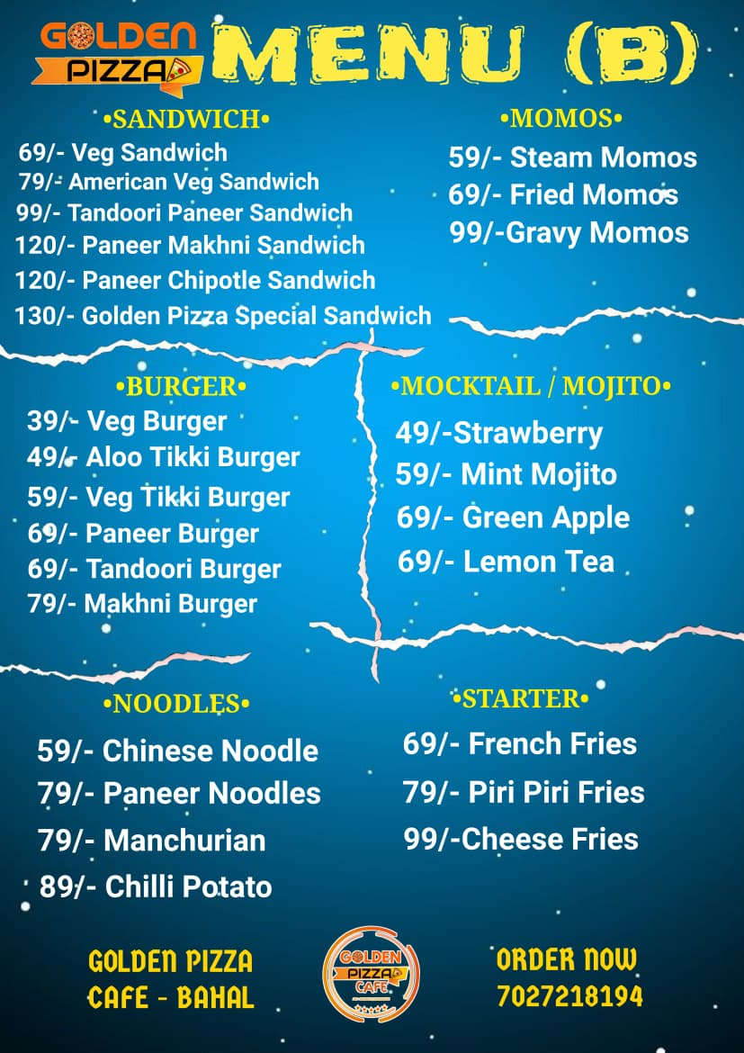Golden Pizza Cafe Menu B — sandwich, momos, burger, noodles, starter, mocktail